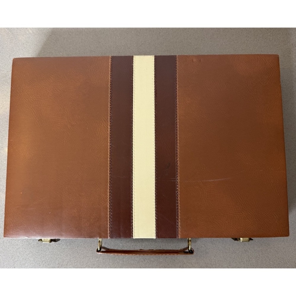 Vintage Backgammon GAME Brown Faux Leather Briefcase Racing Stripe COMPLETE GUC - Picture 2 of 16